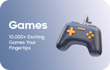 A gaming controller with orange buttons on a blue gradient background, alongside the text “Games – 10,000+ Exciting Games at Your Fingertips.”