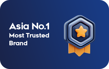 A blue badge with an orange star and ribbon, accompanied by the text “Asia No.1 Most Trusted Brand” on a dark blue background.