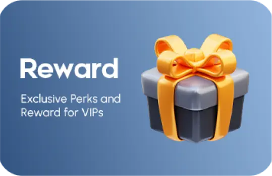 Gift box with a golden ribbon on a blue background, with the text “Reward – Exclusive Perks and Reward for VIPs.”